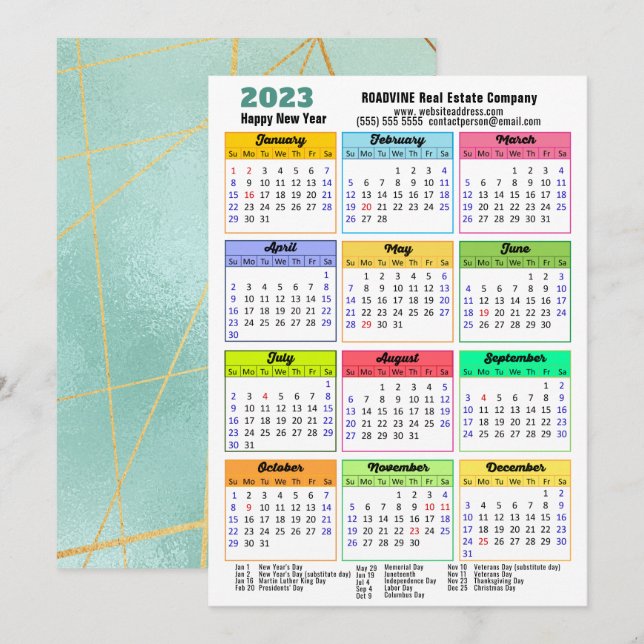 Tarjeta Festiva 2023 Calendario Mint Green Stripes Modern Corporat (Anverso / Reverso)
