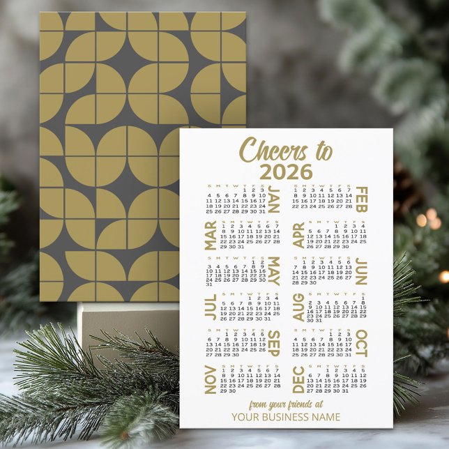 Tarjeta Festiva 2024 Calendario MCM Gold Grey Business Name (2026 Calendar on a Business Holiday Card)