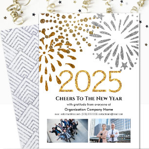 Tarjeta Festiva 2025 Business 2 Photo Festive Fireworks Silver