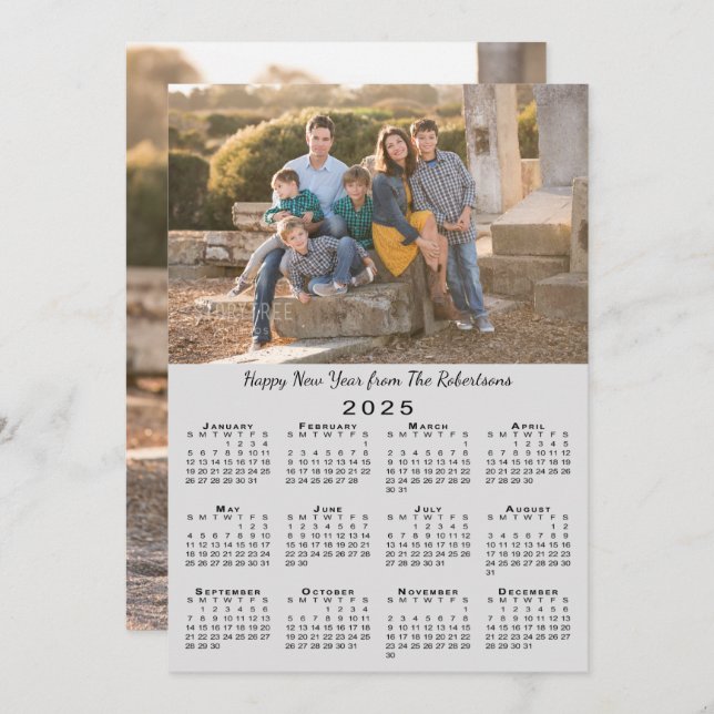 Tarjeta Festiva 2025 Calendario Gris 2 fotos Personalizados Feliz  (Anverso / Reverso)