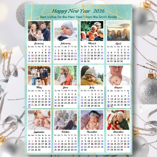 Tarjeta Festiva 2025 Calendario Mint Green Purpurina Family 12 Fot