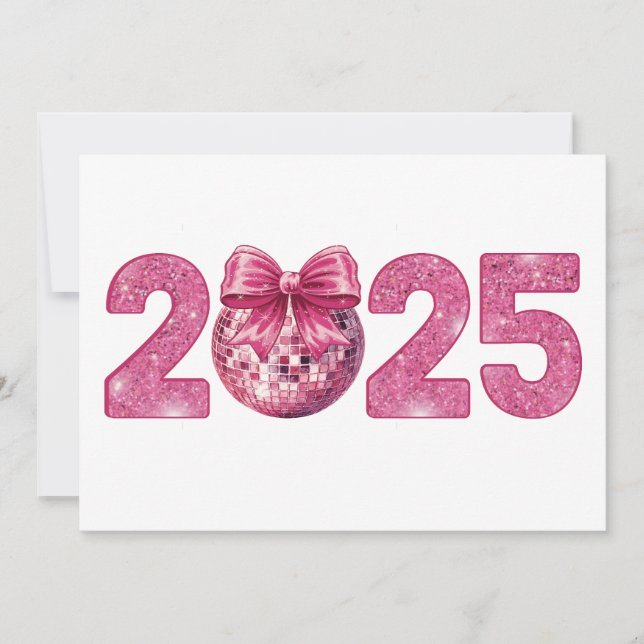 Tarjeta Festiva 2025 Feliz Año Nuevo Bola de Discoteca Lazo Rosa (Anverso)