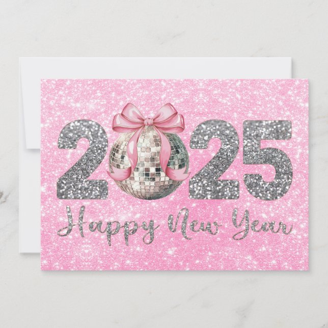 Tarjeta Festiva 2025 Feliz Año Nuevo Bola de Discoteca Lazo Rosa (Anverso)