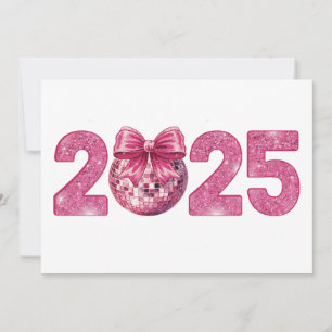 Tarjeta Festiva 2025 Feliz Año Nuevo Disco Ball Rosa