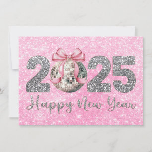 Tarjeta Festiva 2025 Feliz Año Nuevo Disco Ball Rosa