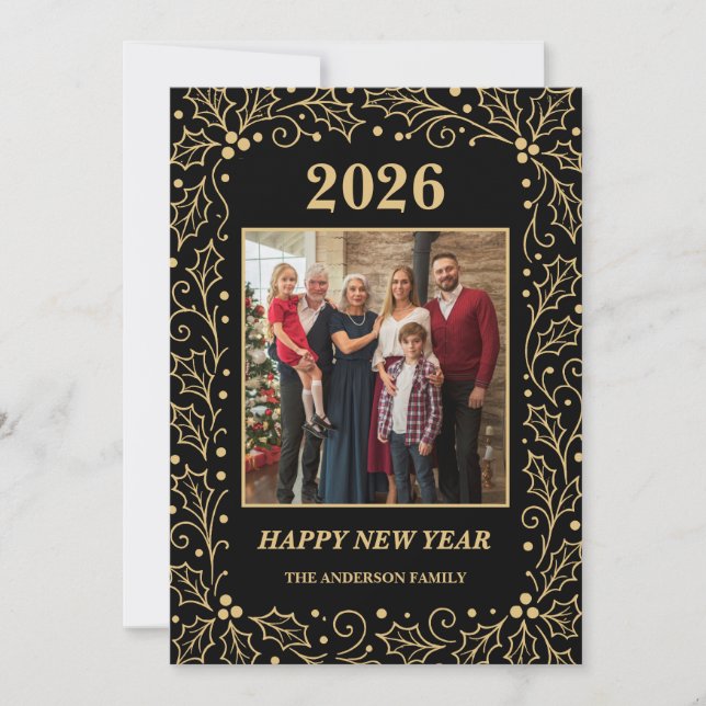 Tarjeta Festiva 2026 Black & Antique-Gold Family New Year Photo (Anverso)