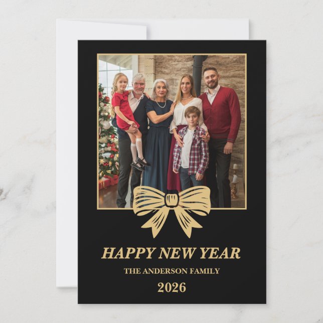 Tarjeta Festiva 2026 Black & Gold Bow Family New Year Photo (Anverso)
