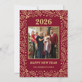 Tarjeta Festiva 2026 Burgundy & Antique-Gold Family New Year Photo