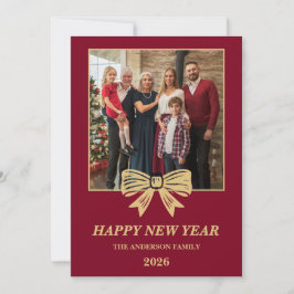 Tarjeta Festiva 2026 Burgundy & Gold Bow Family New Year Photo