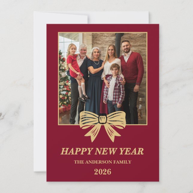 Tarjeta Festiva 2026 Burgundy & Gold Bow Family New Year Photo (Anverso)