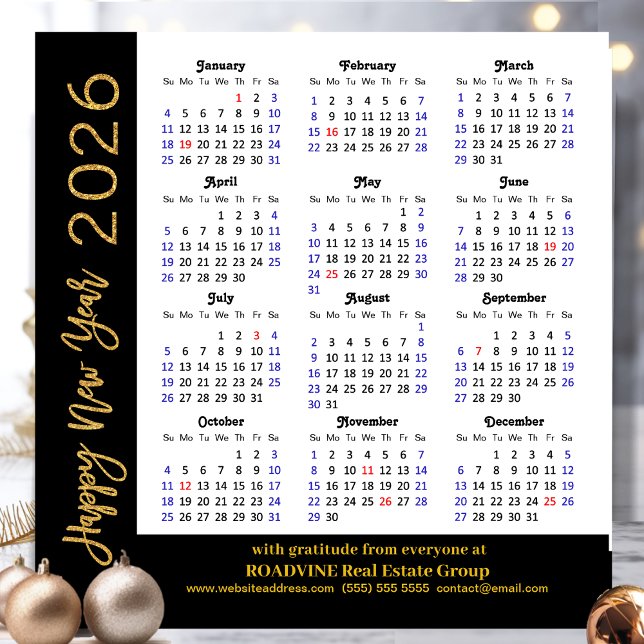 Tarjeta Festiva 2026 Calendar Business Gold Purpurina negro modern (Subido por el creador)