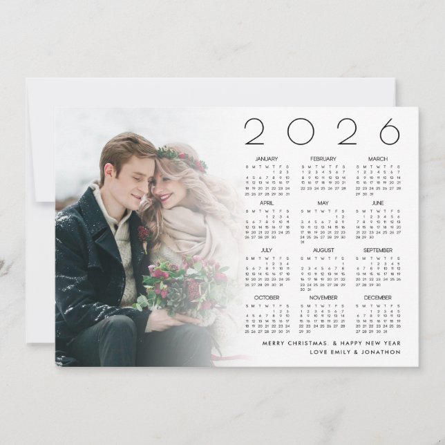 Tarjeta Festiva 2026 Calendar Couple Photo Overlay Merry Christmas (Anverso)