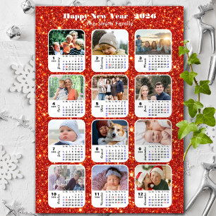 Tarjeta Festiva 2026 Calendario Familia 12 Collage de fotos Rojo f