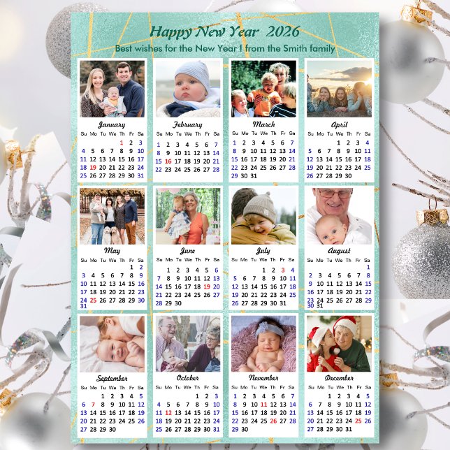 Tarjeta Festiva 2026 Calendario Mint Green Purpurina Family 12 Fot (Subido por el creador)
