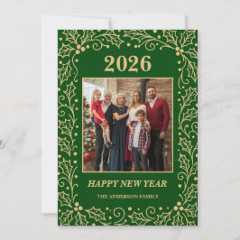 Tarjeta Festiva 2026 Green & Antique-Gold Family New Year Photo