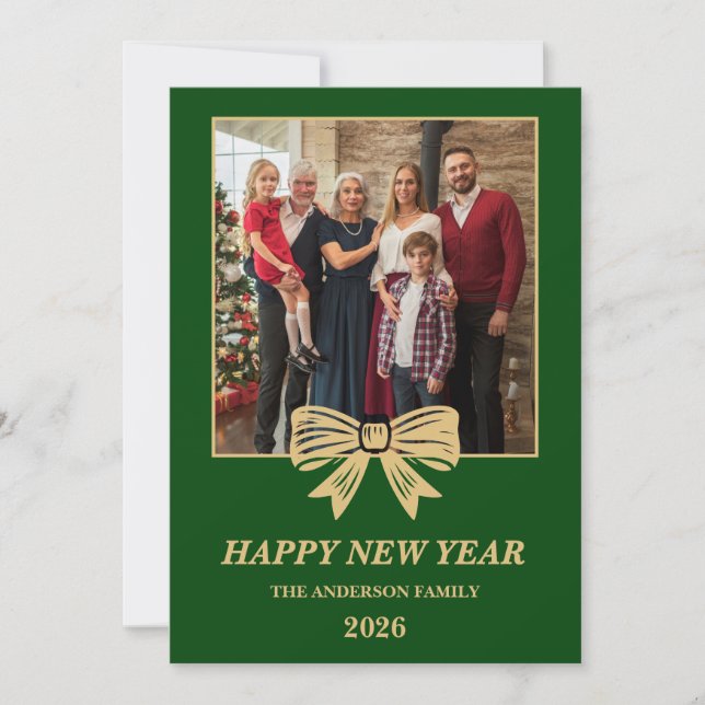 Tarjeta Festiva 2026 Green & Gold Bow Family New Year Photo (Anverso)