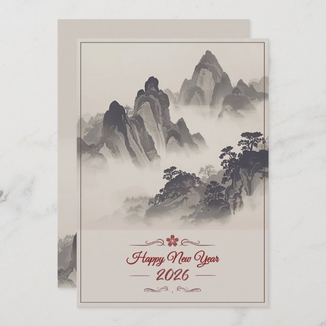 Tarjeta Festiva 2026 Happy New Year Chinese Ink Mountain (Anverso / Reverso)