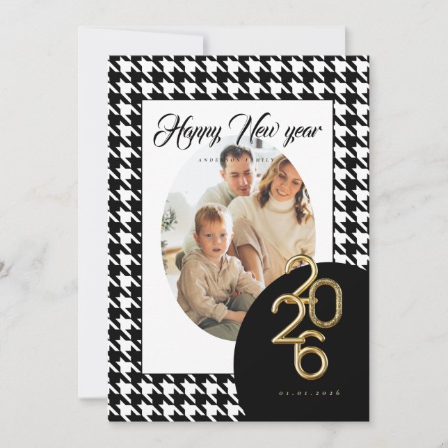 Tarjeta Festiva 2026 Happy New Year Classic Houndstooth One Photo (Anverso)