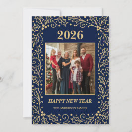 Tarjeta Festiva 2026 Navy & Antique-Gold Family New Year Photo