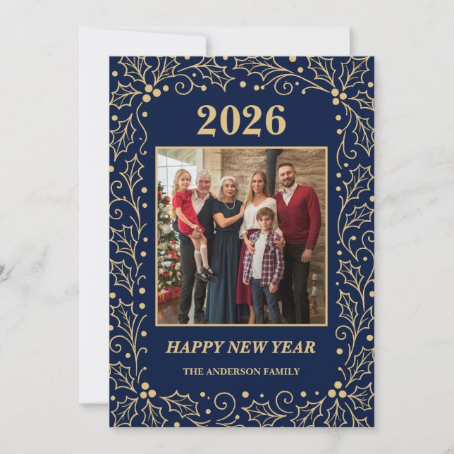 Tarjeta Festiva 2026 Navy & Antique-Gold Family New Year Photo (Anverso)