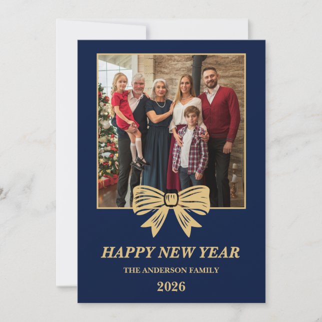 Tarjeta Festiva 2026 Navy & Gold Bow Family New Year Photo (Anverso)