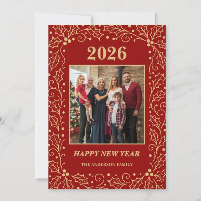 Tarjeta Festiva 2026 Red & Antique-Gold Family New Year Photo (Anverso)