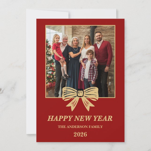 Tarjeta Festiva 2026 Red & Gold Bow Family New Year Photo (Anverso)