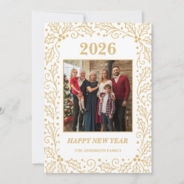 Tarjeta Festiva 2026 White & Antique-Gold Family New Year Photo