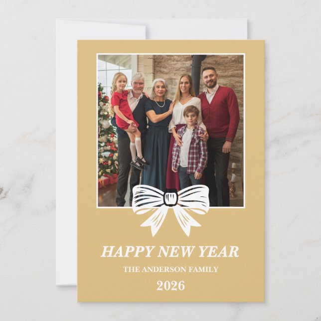Tarjeta Festiva 2026 White & Gold Bow Family New Year Photo (Anverso)