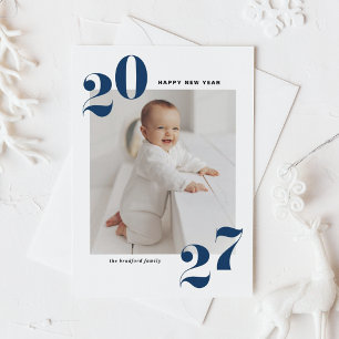 Tarjeta Festiva 2027 Azul Tipografía Retro Negrita Foto Año Nuevo