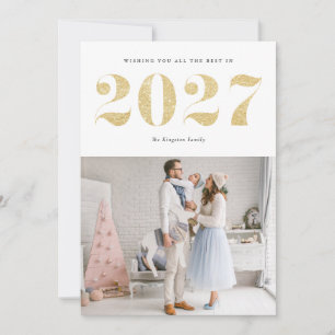 Tarjeta Festiva 2027 Feliz Año Nuevo Glitter Moderno de Oro Falso
