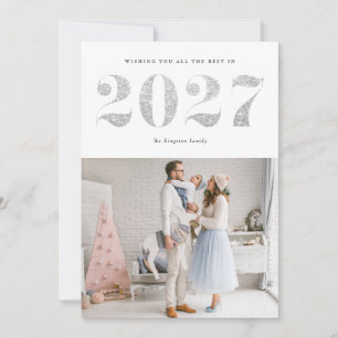 Tarjeta Festiva 2027 Feliz Año Nuevo Glitter Moderno Plateado Fals