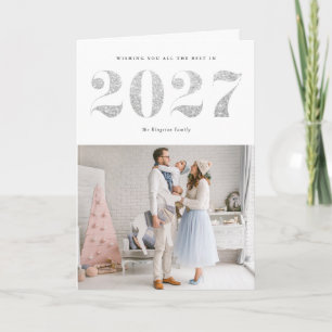 Tarjeta Festiva 2027 Feliz Año Nuevo Moderno con Brillo de Plata F