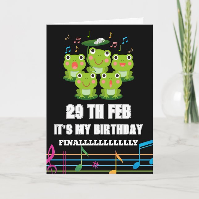 Tarjeta Festiva 29 de febrero, Día del Salto, es mi cumpleaños. (Anverso)