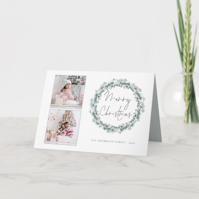 Tarjeta Festiva 2.ᵉʳ guión Verde azulado Foliage Wreath Feliz Navi (Anverso)
