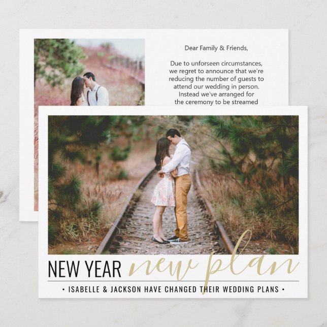 Tarjeta Festiva 2 Cambio de planes en Año Nuevo Boda con reducción (Anverso / Reverso)