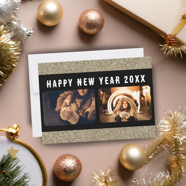 Tarjeta Festiva 2 Collage de Fotos Dorado Brillante Feliz Año Nuev (Subido por el creador)