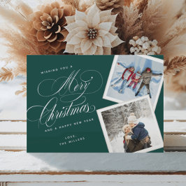 Tarjeta Festiva 2 Collage de fotos Elegante Guión Blanco Verde