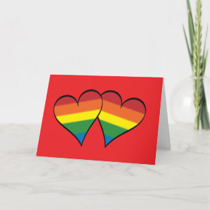 Tarjeta Festiva 2 corazones del arco iris en rojo - de par en par