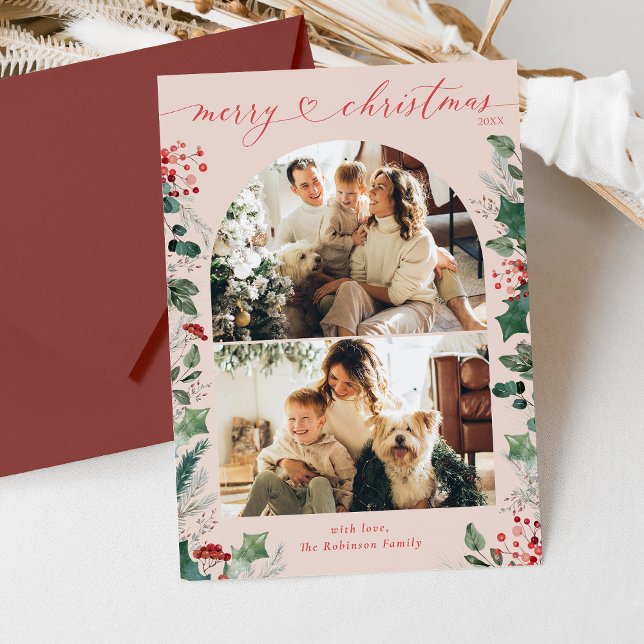 Tarjeta Festiva 2 Foto Arco Boho Pink Merry Christmas Card (Subido por el creador)