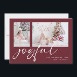 Tarjeta Festiva 2 Foto del calendario 2025 Navidades alegres en Bo<br><div class="desc">Moderno Calendario 2 Fotos Familia Script 2025 Joyful Navidades Borgoña. Disponible digitalmente e impreso. Simplemente reemplace las dos fotos de ejemplo con las propias y personalícelas con sus nombres. Joyful está en un elegante y lúdico guión en blanco que puede cambiarse a otro color si así lo desea. En la...</div>