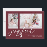 Tarjeta Festiva 2 Foto del calendario 2025 Navidades alegres en Bo<br><div class="desc">Moderno Calendario 2 Fotos Familia Script 2025 Joyful Navidades Borgoña. Disponible digitalmente e impreso. Simplemente reemplace las dos fotos de ejemplo con las propias y personalícelas con sus nombres. Joyful está en un elegante y lúdico guión en blanco que puede cambiarse a otro color si así lo desea. En la...</div>
