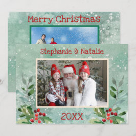 Tarjeta Festiva 2 Foto Verde Rojo Moderno Floral Watercolor Foto