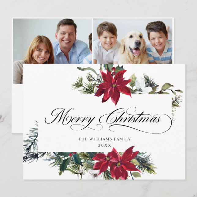 Tarjeta Festiva 2 FOTOS Elegantes Navidades de Poinsettia Saludos (Anverso / Reverso)