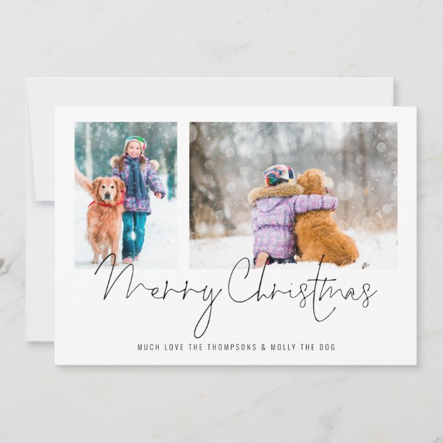 Tarjeta Festiva 2 fotos Script Family and Dog Merry Christmas (Anverso)