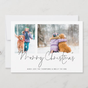 Tarjeta Festiva 2 fotos Script Family and Dog Merry Christmas