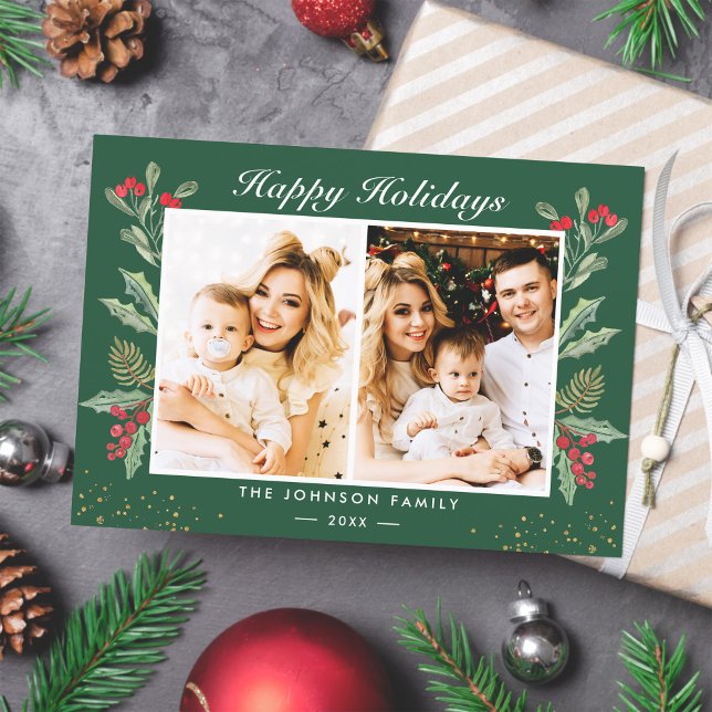 Tarjeta Festiva 2 Navidades de Photo Happy Holidays Holly Berries (Subido por el creador)