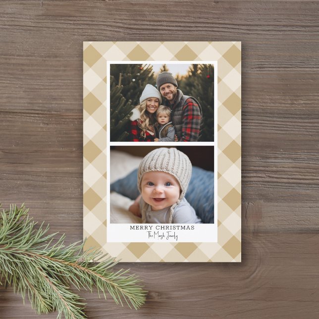 Tarjeta Festiva 2 Photo Modern Buffalo plaid - Rustic Gold Merry (Online Christmas Card with 2 Photos and a Modern Buffalo Check Pattern - Print and Download Options)