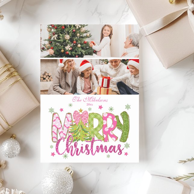 Tarjeta Festiva 2 Photo Pink Green Bow Tree Merry Christmas (Subido por el creador)