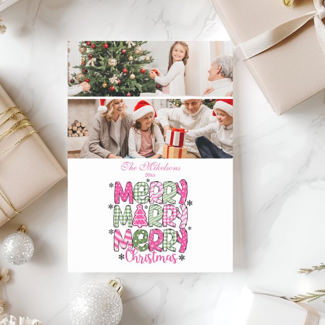 Tarjeta Festiva 2 Photo Pink Green Merry Christmas Holiday (Subido por el creador)